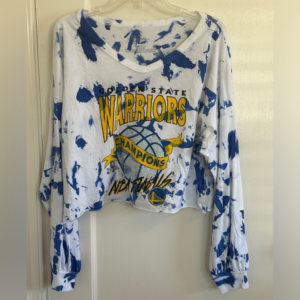 Warriors Crop Long Sleeve Oversize Top Size Small White Blue Tie Dye